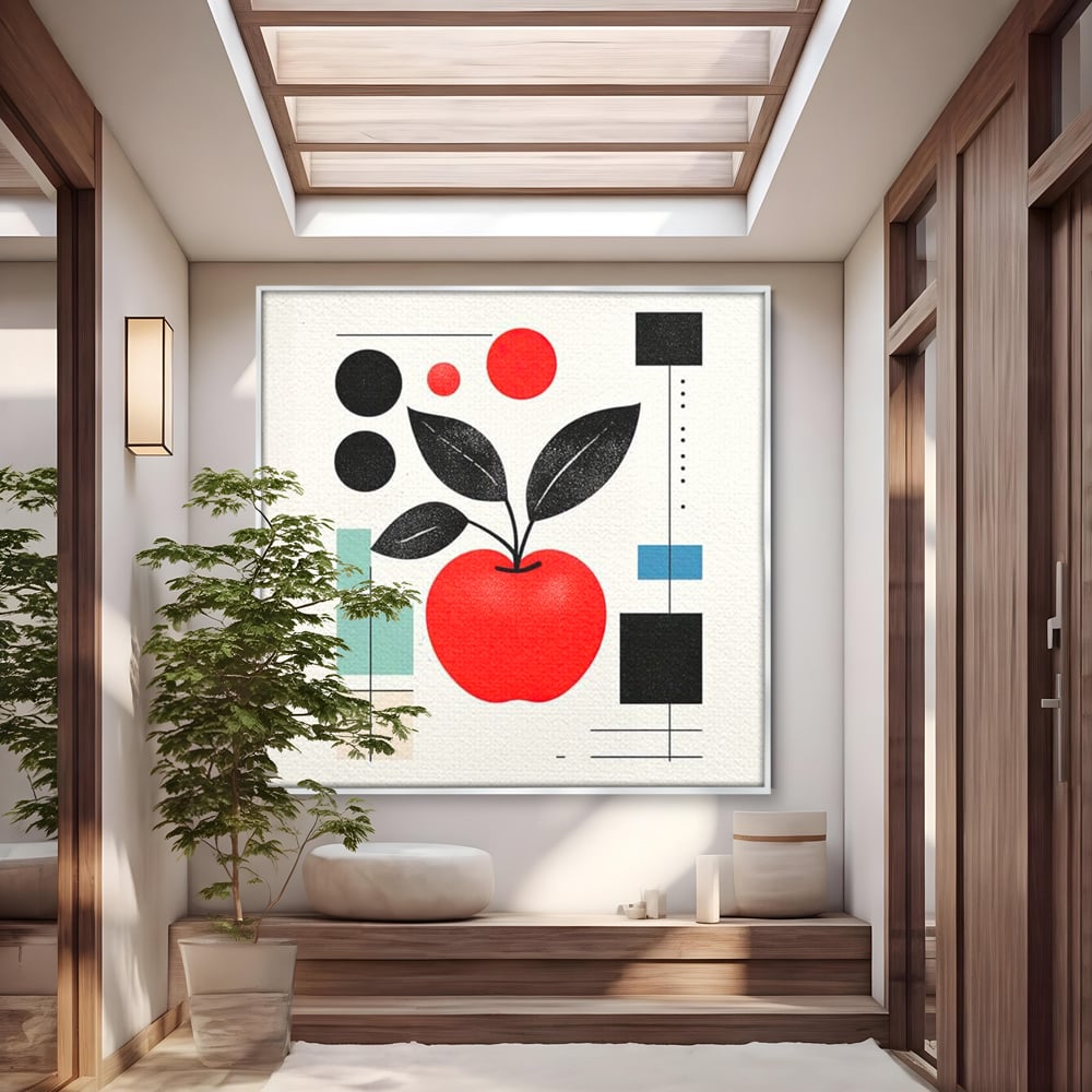 Tablou canvas cu ilustratie cu mar rosu si frunze negre, in rama de aluminiu argintiu